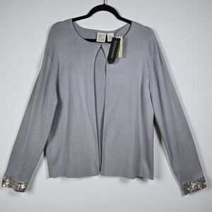 Field Gear Cardigan‎ Woman XL Silk Blend Knit Gray Sequin Cuff Open Front Dressy